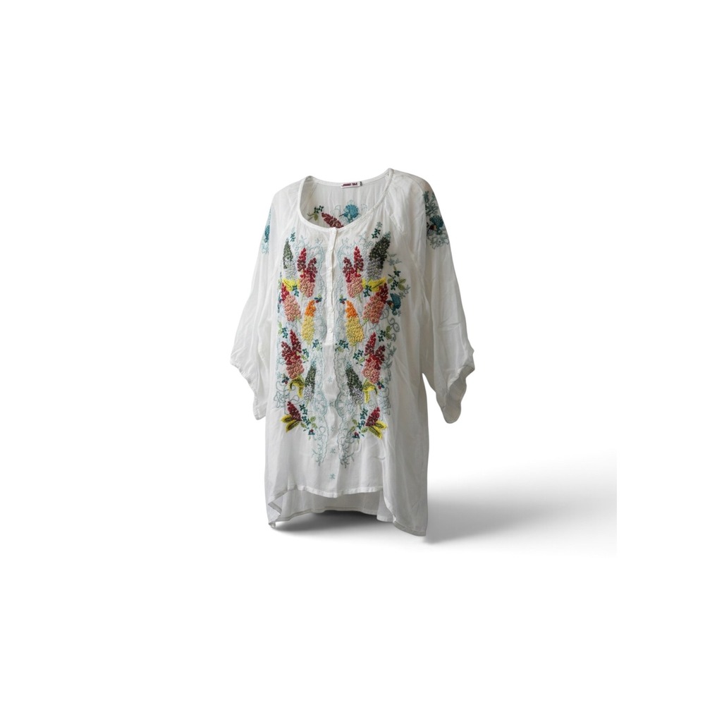Johnny Was White Embroidered Hummingbird Floral Tunic Blouse Top Womens 1X